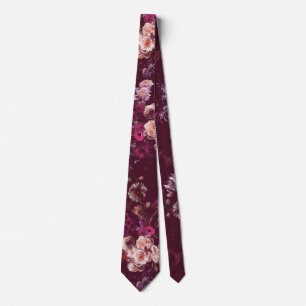 Gravata Elegante Floral Burgundy Escuro Vintage Mal-humora