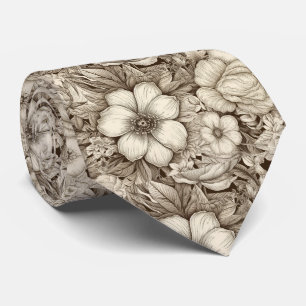 Gravata Elegante Floral Creme e Marrom com Profundidade