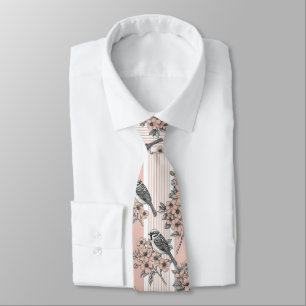 Gravata Elegante Floral de Listra de Pêssego com Pássaro (