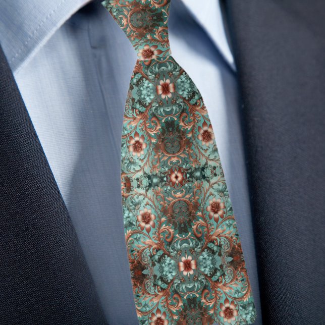 Gravata Elegante Floral Formal em Cobre e Turquesa (Criador carregado)