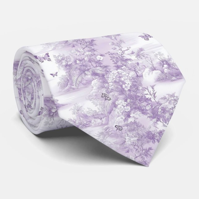 Gravata Elegante Floral Roxo e Borboletas (Rolled)