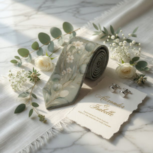 Gravata Elegante Floral Verde Sage Aquarela