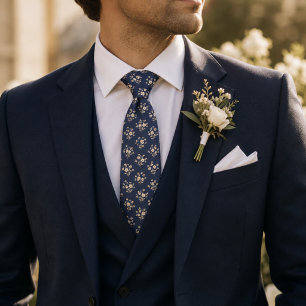 Gravata Elegante Floral Vintage Azul Marinho