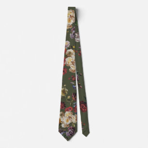 Gravata Elegante Floral Vintage Escuro Sombrio em Verde Ol