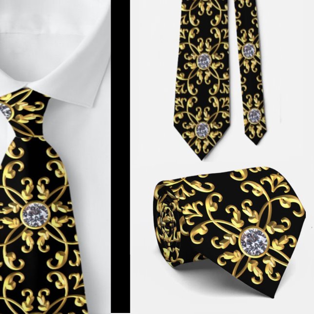 Gravata Elegante Formal Preto Dourado e Diamante (Criador carregado)