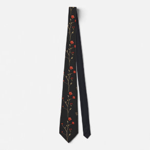 Gravata Elegante Galho Floral Vermelho Vintage em Preto