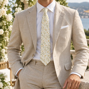 Gravata Elegante Marfim Botânico Vintage Branco Amarelo