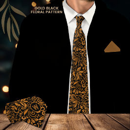 Gravata Elegante Monograma com Padrão Floral em Dourado Pr