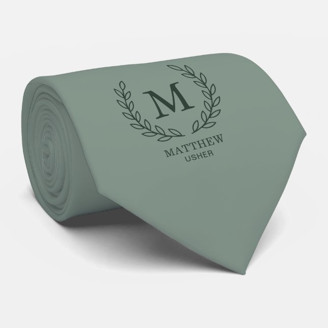 Gravata Elegante Monograma de Verde Eucalipto para Usher d (Rolled)