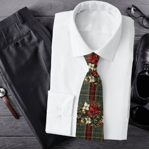 Gravata Elegante Natal em Xadrez Burgundy & Poinsettia
