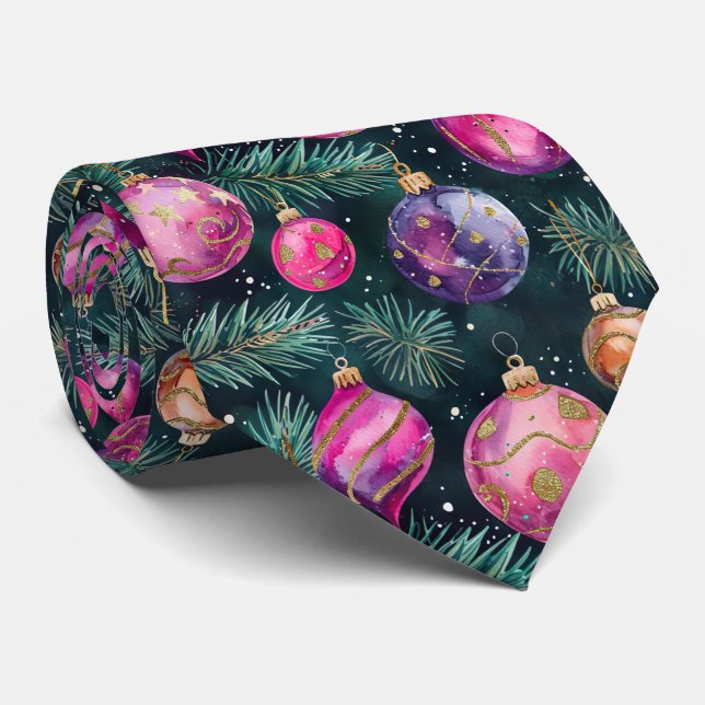 Gravata Elegante padrão de bolas de Natal rosa festivas (Rolled)
