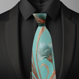 Gravata Elegante padrão floral grande em cobre e turquesa