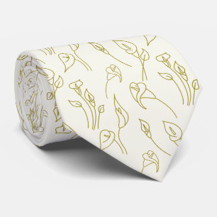 Gravata Elegante Pastel Beige Ouro Calla Lily Line Art