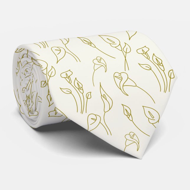 Gravata Elegante Pastel Beige Ouro Calla Lily Line Art (Rolled)