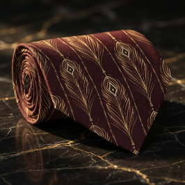 Gravata Elegante Pena de Pavão Burgundy e Dourado