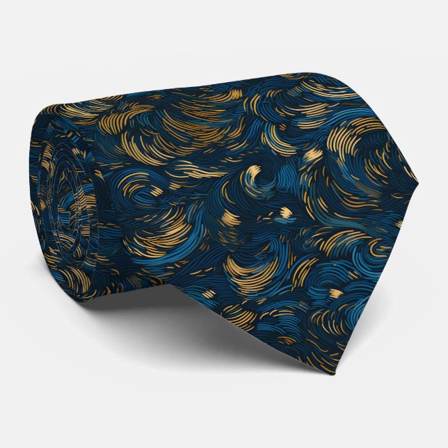 Gravata Elegante Redemoinho Abstrato Azul-Marinho e Dourad (Rolled)
