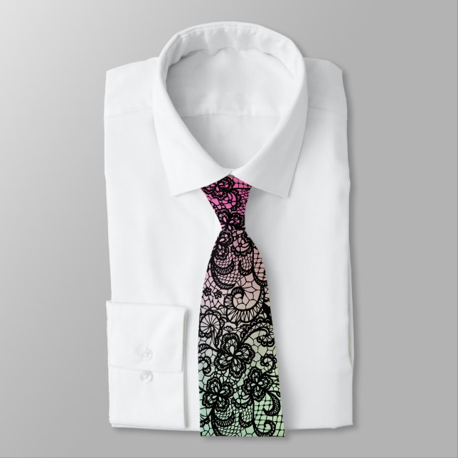 Gravata Elegante Renda Preta em Gradiente Rosa e Verde (Amarrado)