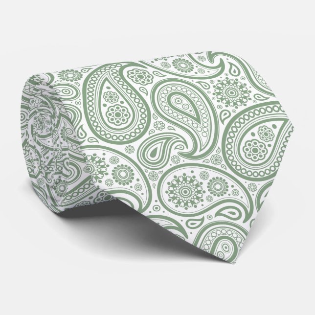 Gravata Elegante Sage Green & White Vintage Patterno Paisl (Rolled)