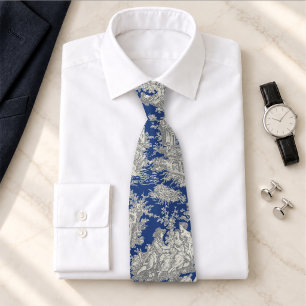 Gravata Elegante Toile de Jouy Francês Vintage Azul Cinza