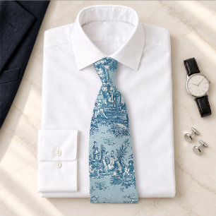 Gravata Elegante Toile de Jouy Francesa Vintage Azul Cinza