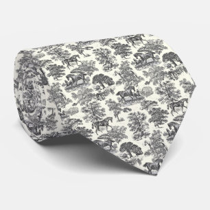 Gravata Elegante Toile de Jouy Preto e Branco Cavalos Coun