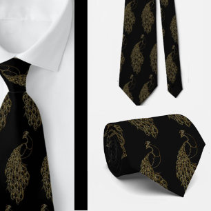 Gravata Elegante Única e Ousada de Pavão Preto e D