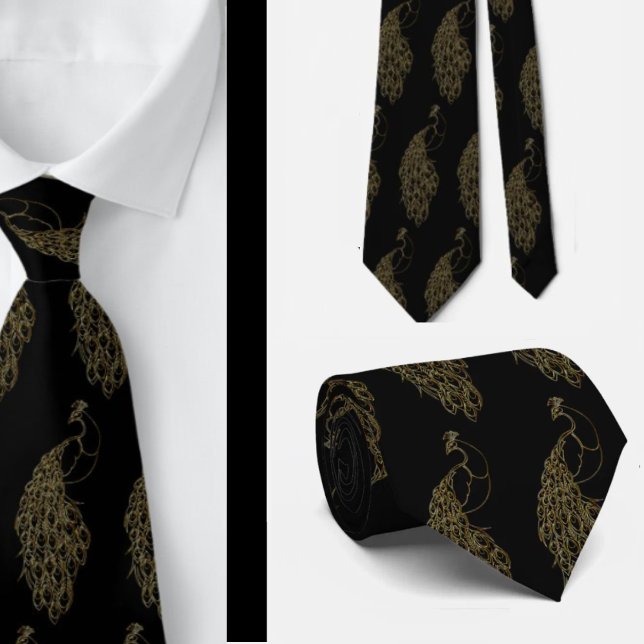 Gravata Elegante Única e Ousada de Pavão Preto e D (Criador carregado)