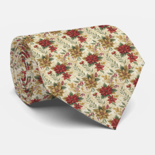 Gravata Elegante Vermelho e Dourada Poinsettia Floral