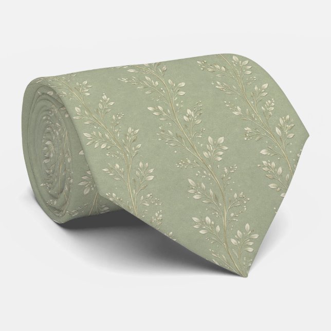 Gravata Elegante Vide Verde Sábio Delicada Botânica (Rolled)