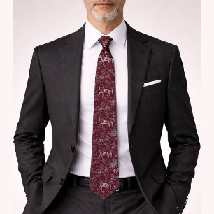 Gravata Elegante Vintage Burgundy Cinza Floral Cavalo