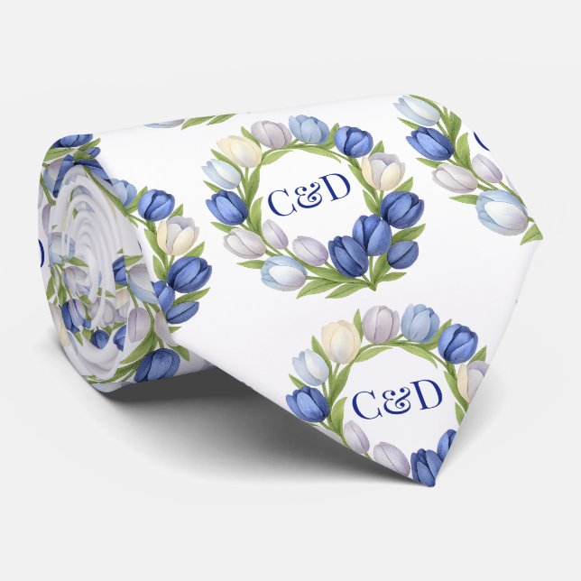 Gravata Elegante Watercolor Tulip Wreath Casamento Blue Iv (Rolled)
