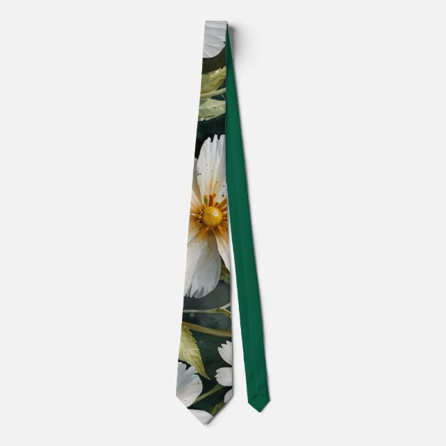Gravata Elegantes Lindas Flores Brancas Aquarela Chic (Frente)