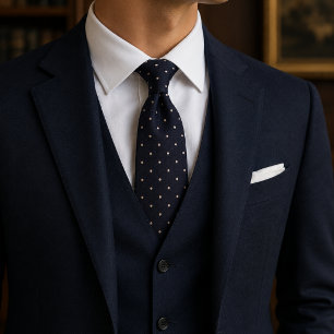 Gravata Elegantes Pontos Beige Sutis em Azul Meia-Noite 