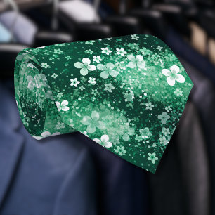 Gravata Elegantes Trevos Brancos e Verdes em Verde Escuro