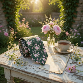 Gravata Emerald Green Floral Pink Blossom