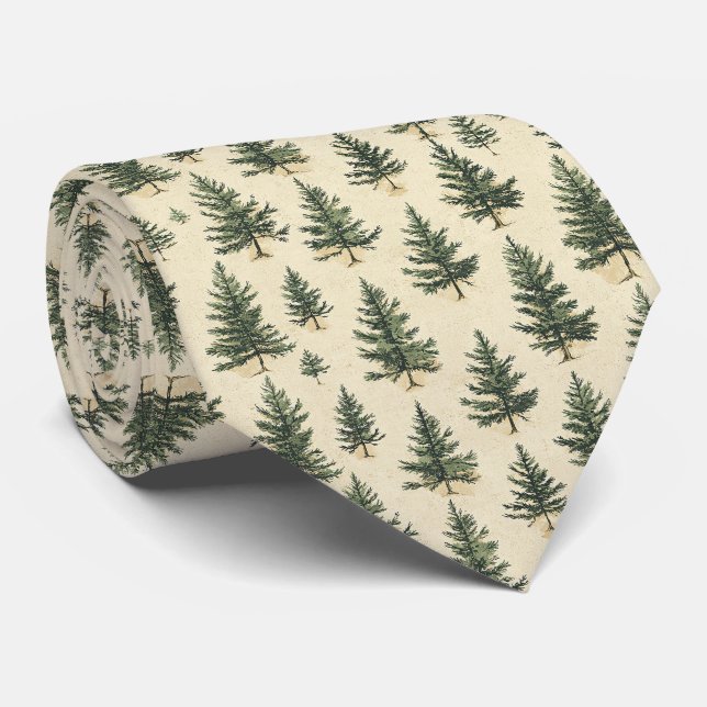 Gravata Esboço de Árvore Verde Perene Rústica em Creme Flo (Rolled)