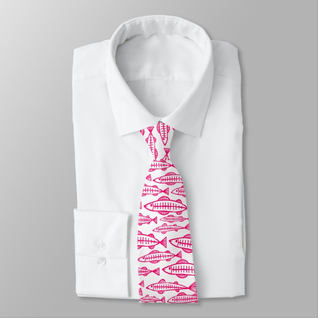 Gravata Escola de Peixes - Vermelho Neon em Branco (Amarrado)