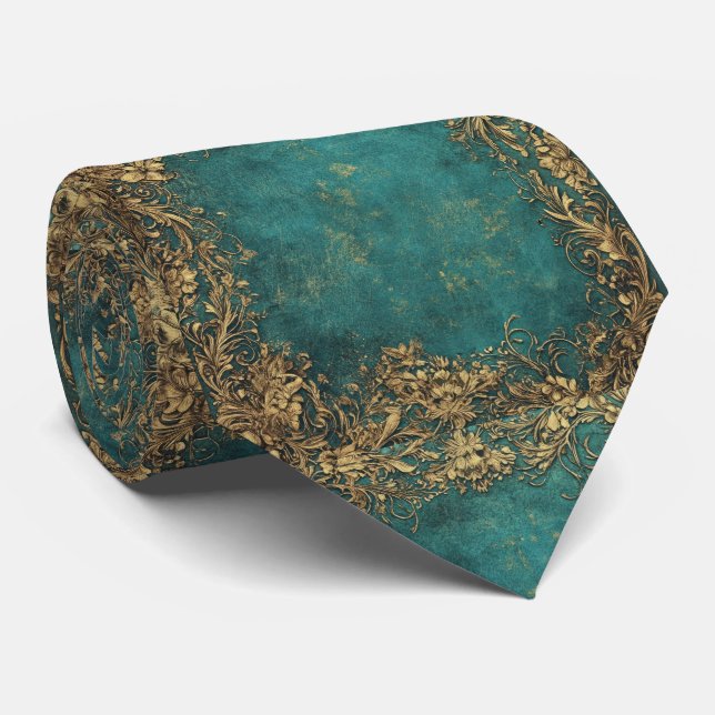Gravata Esmeralda Antiga Verde Dourado Preto (Rolled)