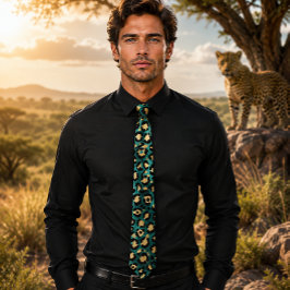 Gravata Estampa de leopardo em azul-petróleo e dourado