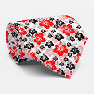 Gravata Estampa Floral Hibisco Tropical Preto Vermelho