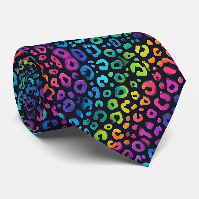 Gravata Estampada com Arco-íris Preto Neon e Leopa (Rolled)