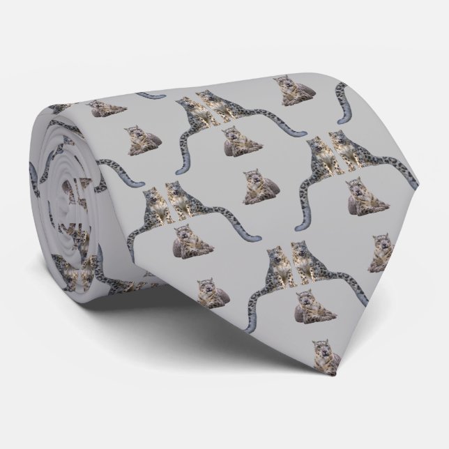 Gravata Estampada com Tema Leopardo da Neve (Cinza (Rolled)