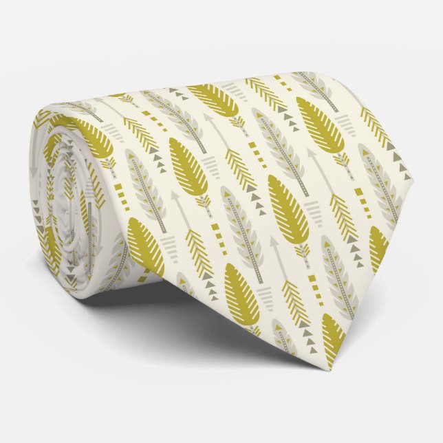 Gravata estilo boho retrô étnico padrão de penas amarelas (Rolled)