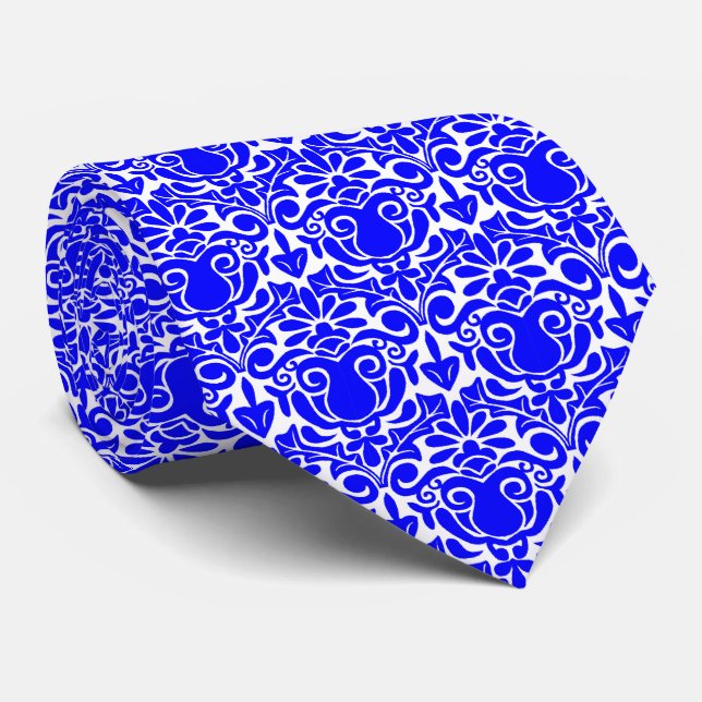 Gravata Estilo do Damasco - Azul em Branco (Rolled)