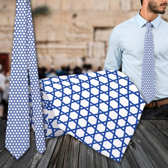 Gravata Estrela Branca Azul De David Grid (Blue White Star Of David Grid Neck Tie)