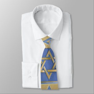 Gravata Estrela de Davi em Azul e Ouro Judaica Impressão