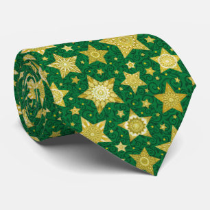 Gravata Estrelas Douradas de Natal no Padrão Damasko Verde