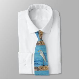 Gravata Excelente White Heron Bird Blue Shoreline Mens Tie