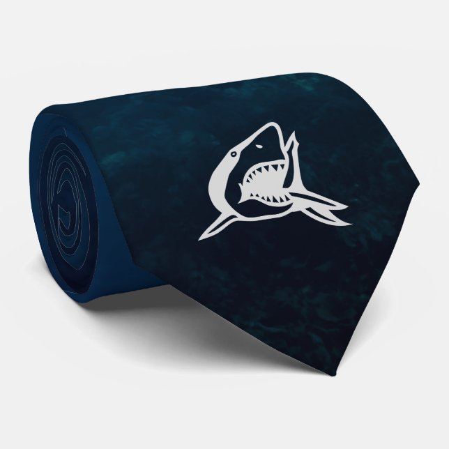 Gravata Excelente White Shark Picture Font Blue Ocean Neck (Rolled)