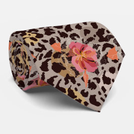 Gravata Exótico Floral Rosa sobre Estampa Animal Leopardo